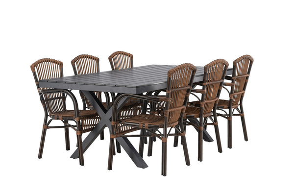 Matgrupp GARCIA & GALERA Matbord 200x100x74 Svart + 6st Matstolar Brun