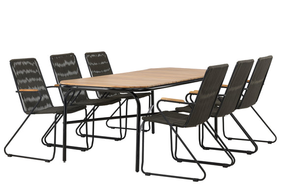 Matgrupp HOLMBECK & BOIS Matbord 200x90x75 Natur + Matstolar 6st Mörkgrå