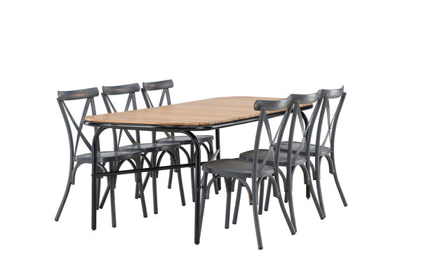 Matgrupp HOLMBECK & TABLAS Matbord 200x90x75 Natur + Matstolar 6st Mörkgrå