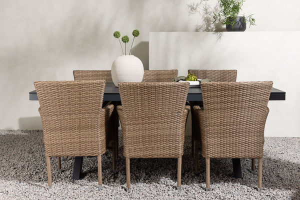 Matgrupp GARCIA & MALINA Matbord 200x100x74 Svart + Matstolar 6st Natur