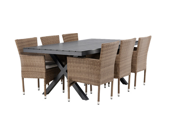 Matgrupp GARCIA & MALINA Matbord 200x100x74 Svart + Matstolar 6st Natur