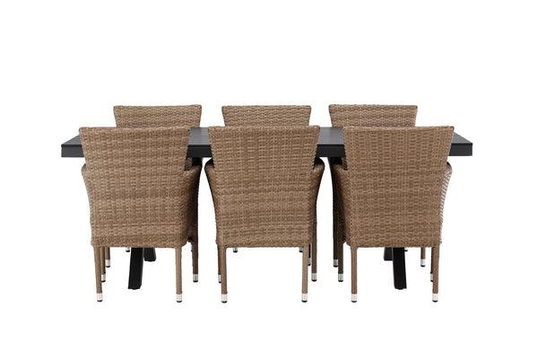 Matgrupp GARCIA & MALINA Matbord 200x100x74 Svart + Matstolar 6st Natur