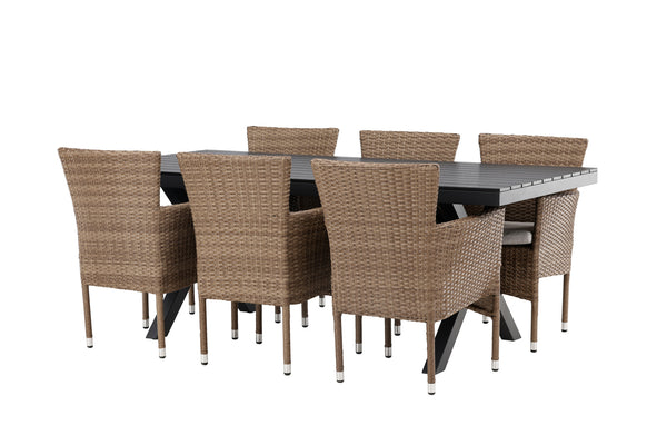 Matgrupp GARCIA & MALINA Matbord 200x100x74 Svart + Matstolar 6st Natur