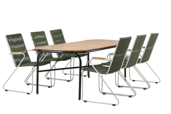 Matgrupp HOLMBECK & BOIS Matbord 200x90x75 Natur + Matstolar 6st Grön