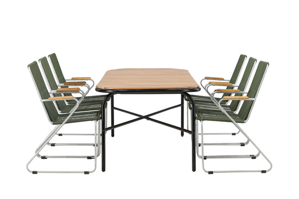Matgrupp HOLMBECK & BOIS Matbord 200x90x75 Natur + Matstolar 6st Grön