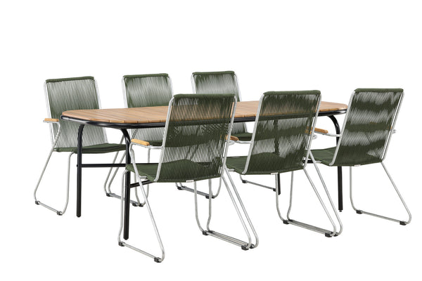 Matgrupp HOLMBECK & BOIS Matbord 200x90x75 Natur + Matstolar 6st Grön
