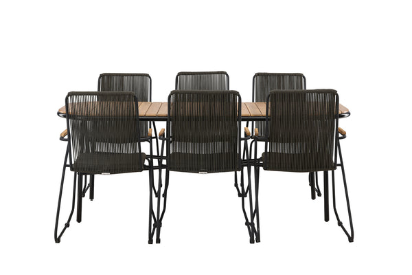 Matgrupp HOLMBECK & BOIS Matbord 200x90x75 Natur + Matstolar 6st Mörkgrå
