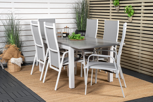 Matgrupp ALBANY & COPACABANA Matbord 152x90 + Reclinerstolar 6st Grå/Vit