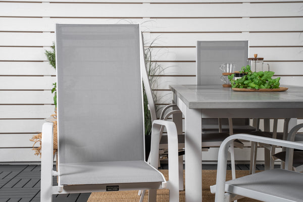 Matgrupp ALBANY & COPACABANA Matbord 152x90 + Reclinerstolar 6st Grå/Vit