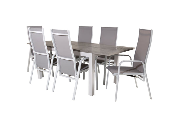 Matgrupp ALBANY & COPACABANA Matbord 152x90 + Reclinerstolar 6st Grå/Vit