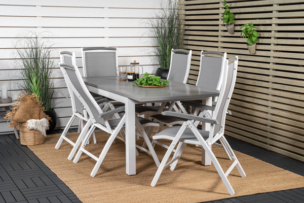 Matgrupp ALBANY Matbord 152x90 + Positionsstolar 6st  Vit/Grå