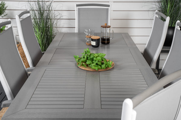 Matgrupp ALBANY Matbord 152x90 + Positionsstolar 6st  Vit/Grå