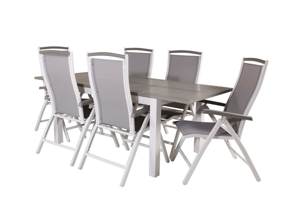Matgrupp ALBANY Matbord 152x90 + Positionsstolar 6st  Vit/Grå