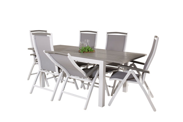 Matgrupp ALBANY Matbord 152x90 + Positionsstolar 6st  Vit/Grå