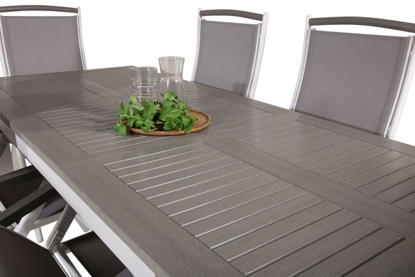 Matgrupp ALBANY Matbord 152x90 + Positionsstolar 6st  Vit/Grå