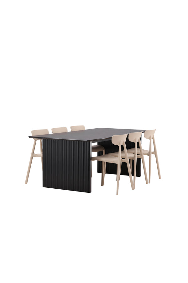 Matgrupp URSHOLMEN & VAIL 6st Matstolar Beige + Matbord 100x200-Svart